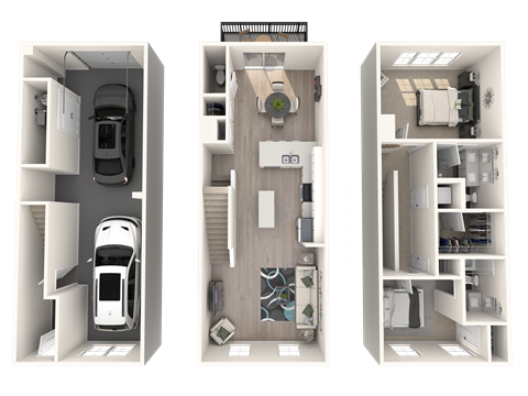 a floor plan of a 3d floor plan with a white car and a balcony